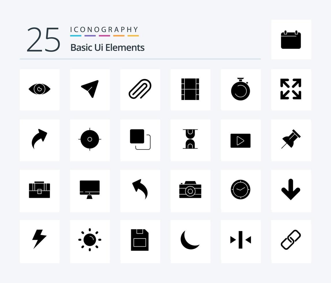 Basic Ui Elements 25 Solid Glyph icon pack including clock. filam. computer. movi. pin vector