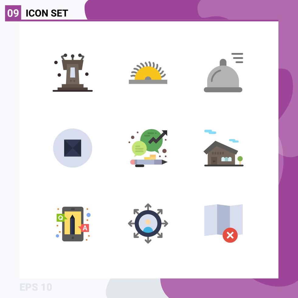 Pack of 9 Modern Flat Colors Signs and Symbols for Web Print Media such as management chat food business beliefs Editable Vector Design Elements
