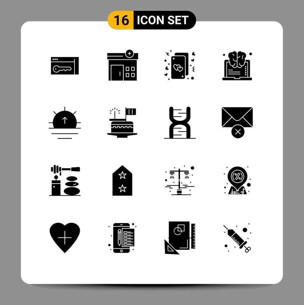 16 Universal Solid Glyphs Set for Web and Mobile Applications sun think heart success brain Editable Vector Design Elements