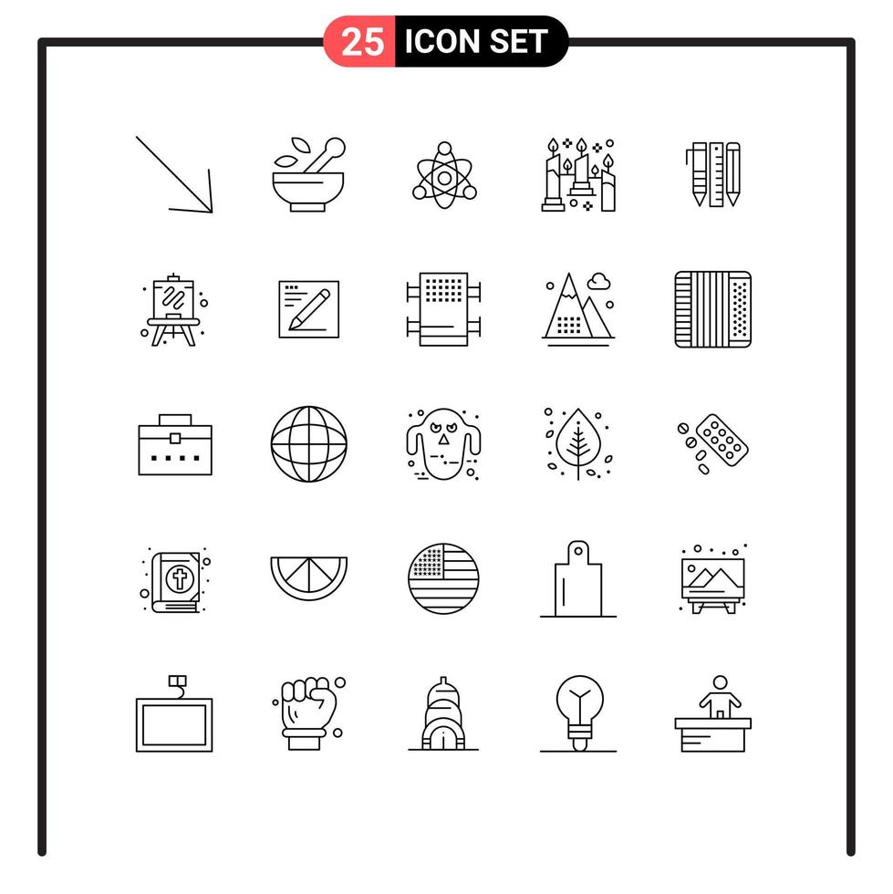 Modern Set of 25 Lines Pictograph of items essential tools educate tools flame Editable Vector Design Elements