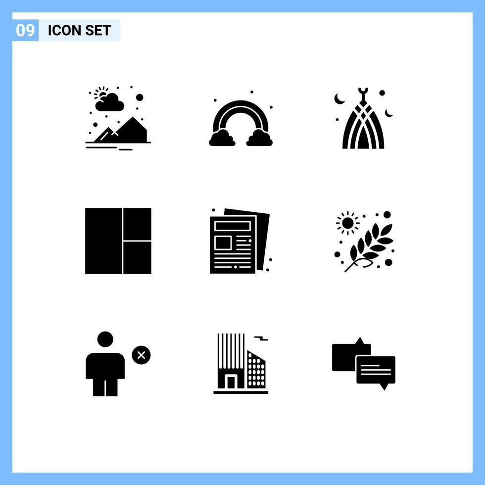 Group of 9 Solid Glyphs Signs and Symbols for routine newspaper islamic news grid Editable Vector Design Elements