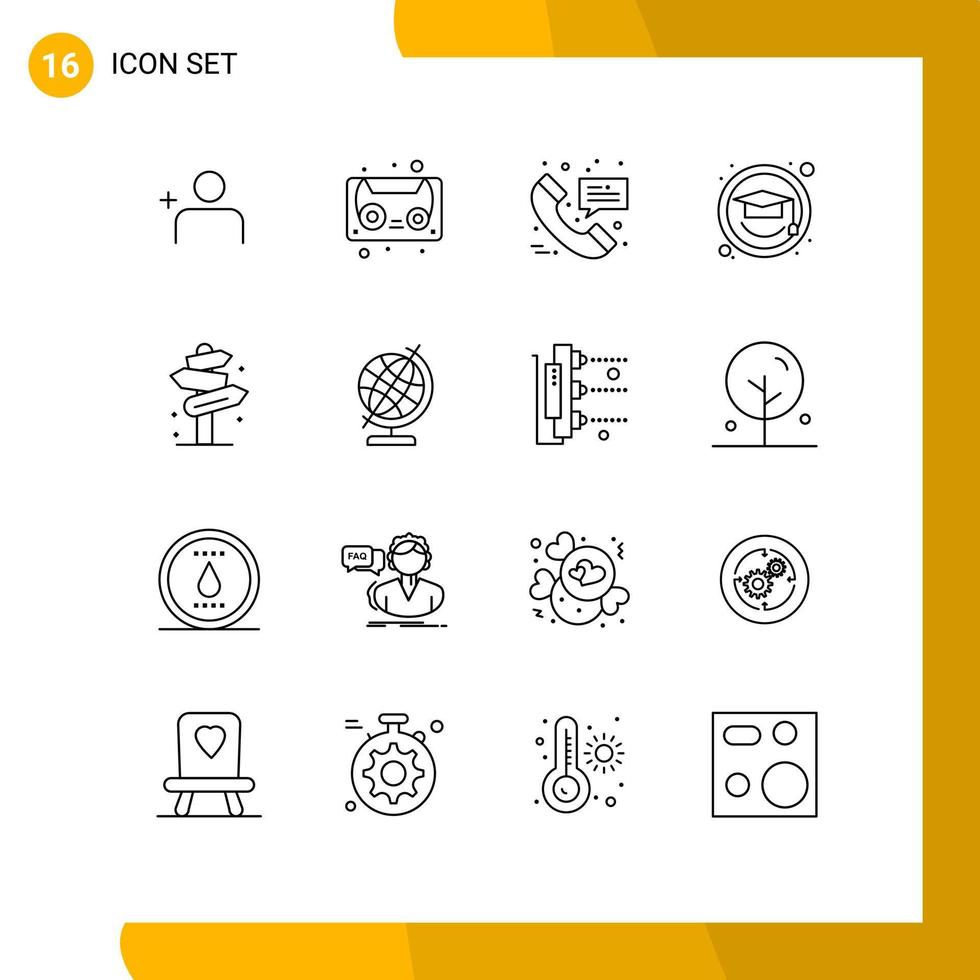 16 User Interface Outline Pack of modern Signs and Symbols of street post medical direction graduation cap Editable Vector Design Elements