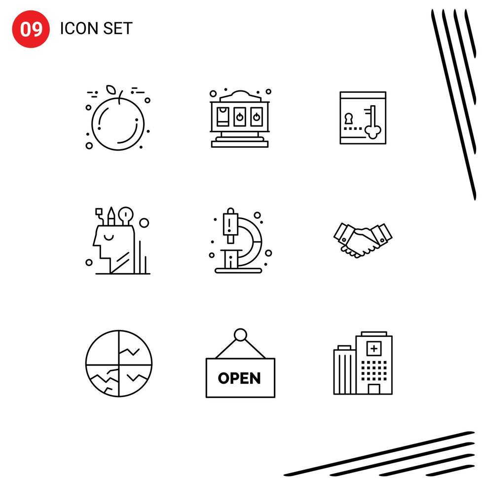 9 User Interface Outline Pack of modern Signs and Symbols of education biology lock stationary mind Editable Vector Design Elements