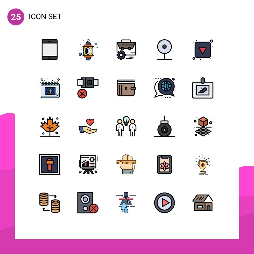 Modern Set of 25 Filled line Flat Colors Pictograph of play cctv muslim camera engineer Editable Vector Design Elements