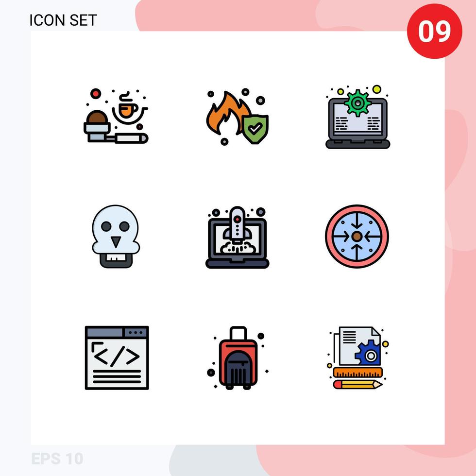 9 User Interface Filledline Flat Color Pack of modern Signs and Symbols of speedup boost laptop man skull of death Editable Vector Design Elements