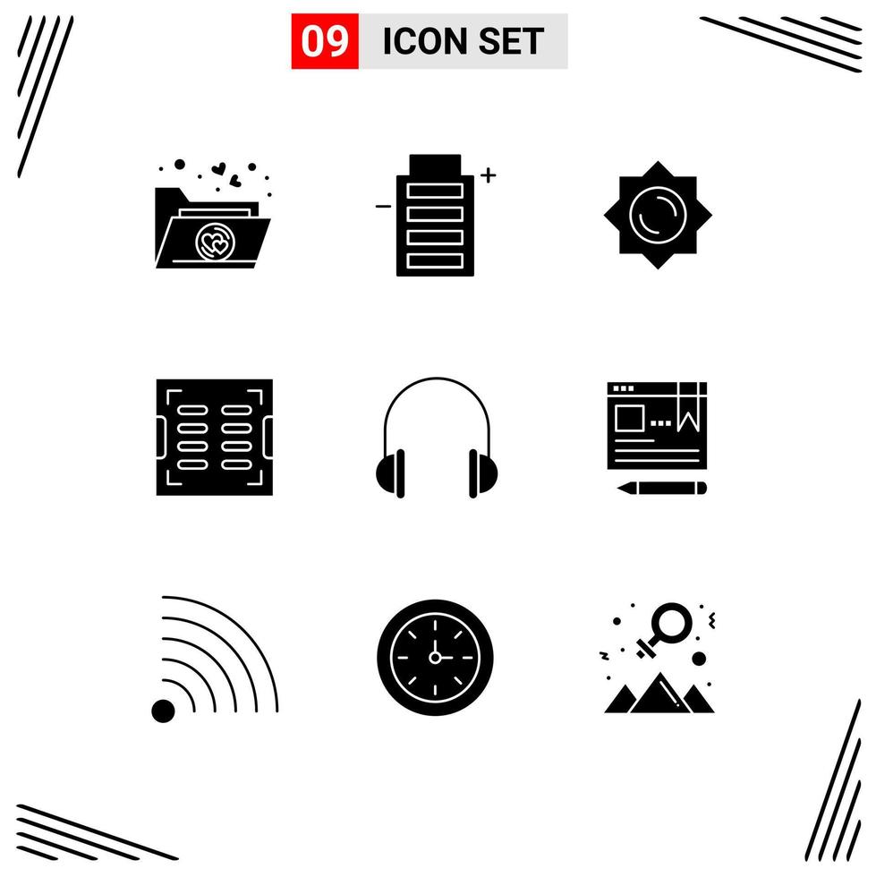 Editable Vector Line Pack of 9 Simple Solid Glyphs of music headphones sunshine audio drain Editable Vector Design Elements