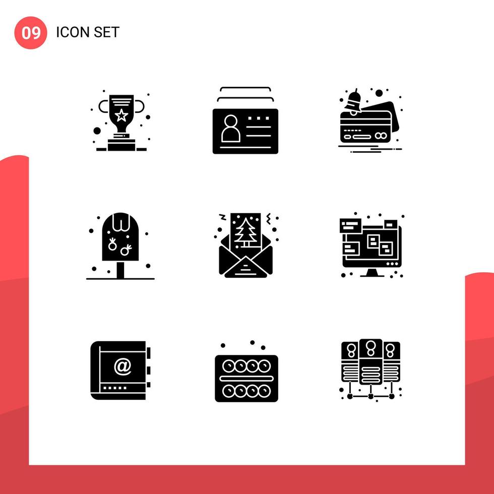 Mobile Interface Solid Glyph Set of 9 Pictograms of card drink identification pop payment Editable Vector Design Elements