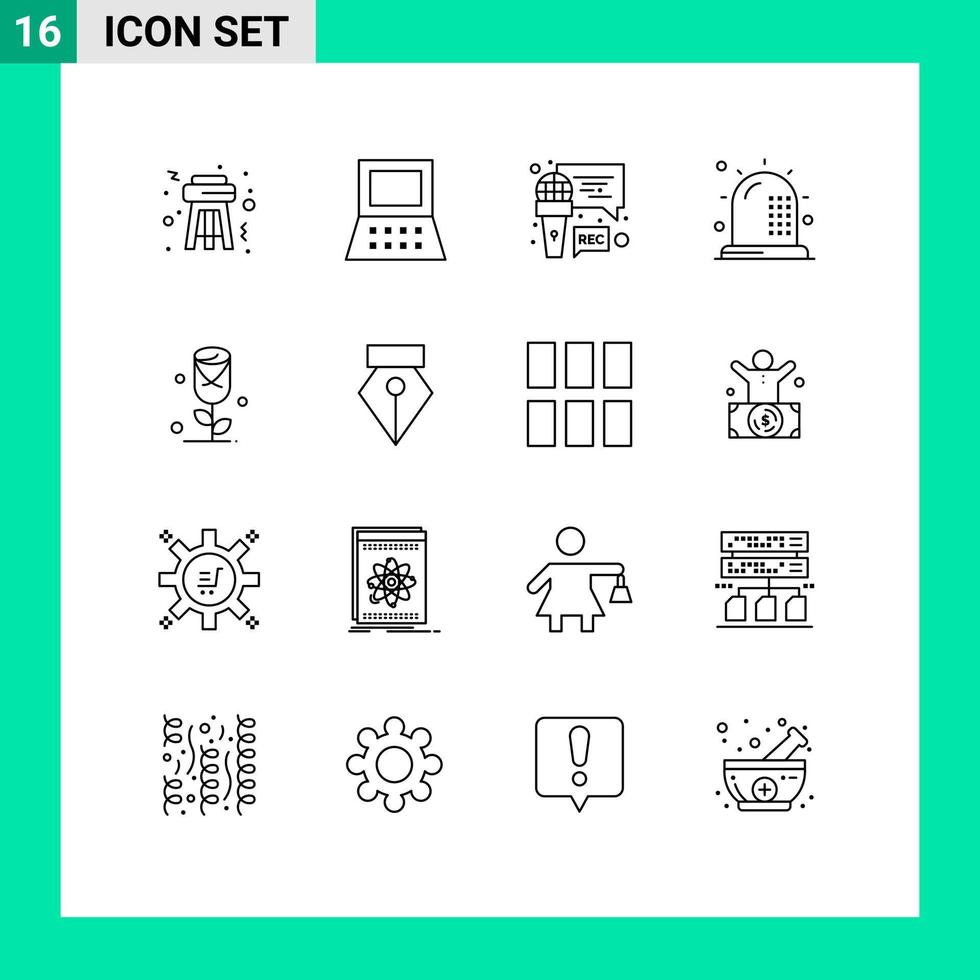 User Interface Pack of 16 Basic Outlines of love flower recording health fitness Editable Vector Design Elements