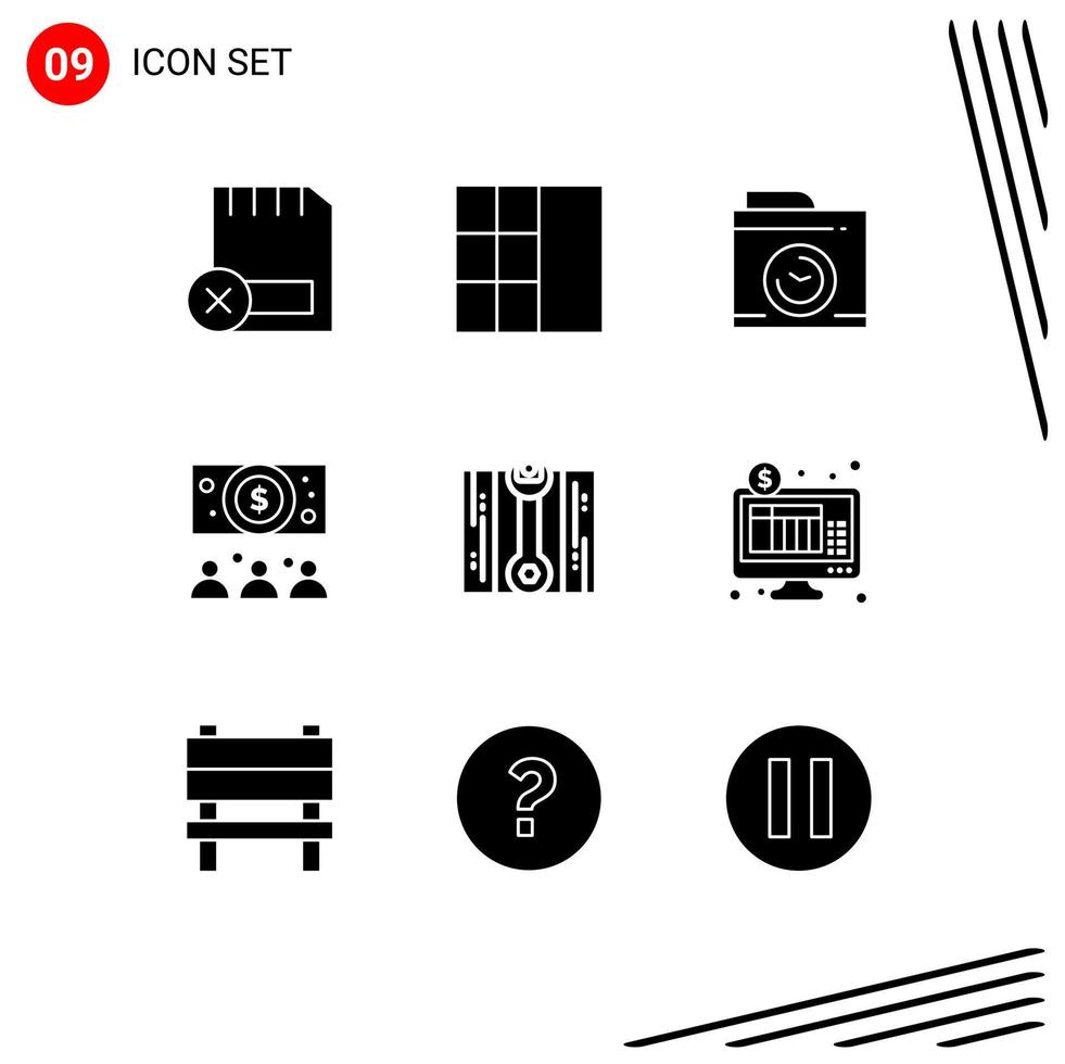 Pack of 9 Modern Solid Glyphs Signs and Symbols for Web Print Media such as internet repair image fix online Editable Vector Design Elements