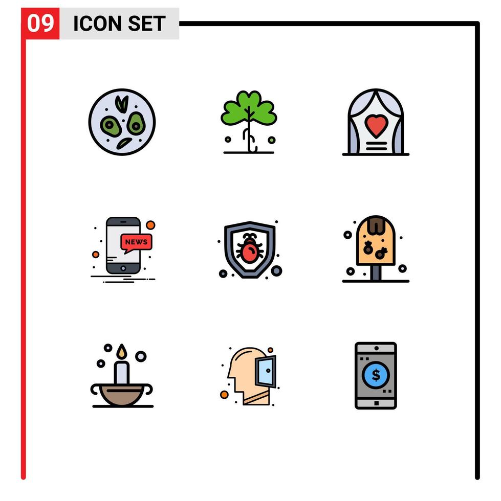 9 Universal Filledline Flat Color Signs Symbols of security bug arch notification mobile Editable Vector Design Elements