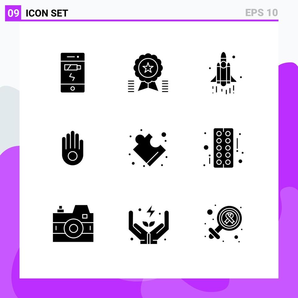 9 User Interface Solid Glyph Pack of modern Signs and Symbols of puzzle palm ribbon hand technology Editable Vector Design Elements