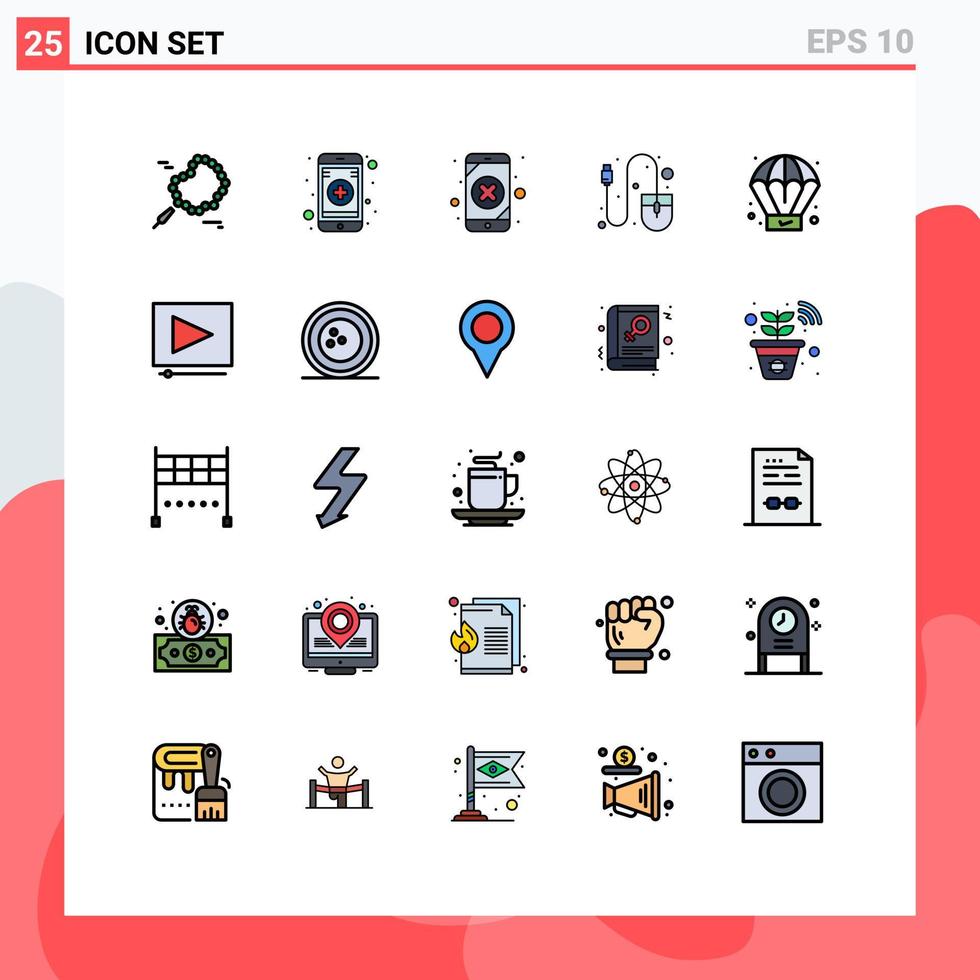 Universal Icon Symbols Group of 25 Modern Filled line Flat Colors of video process leak creative mouse Editable Vector Design Elements