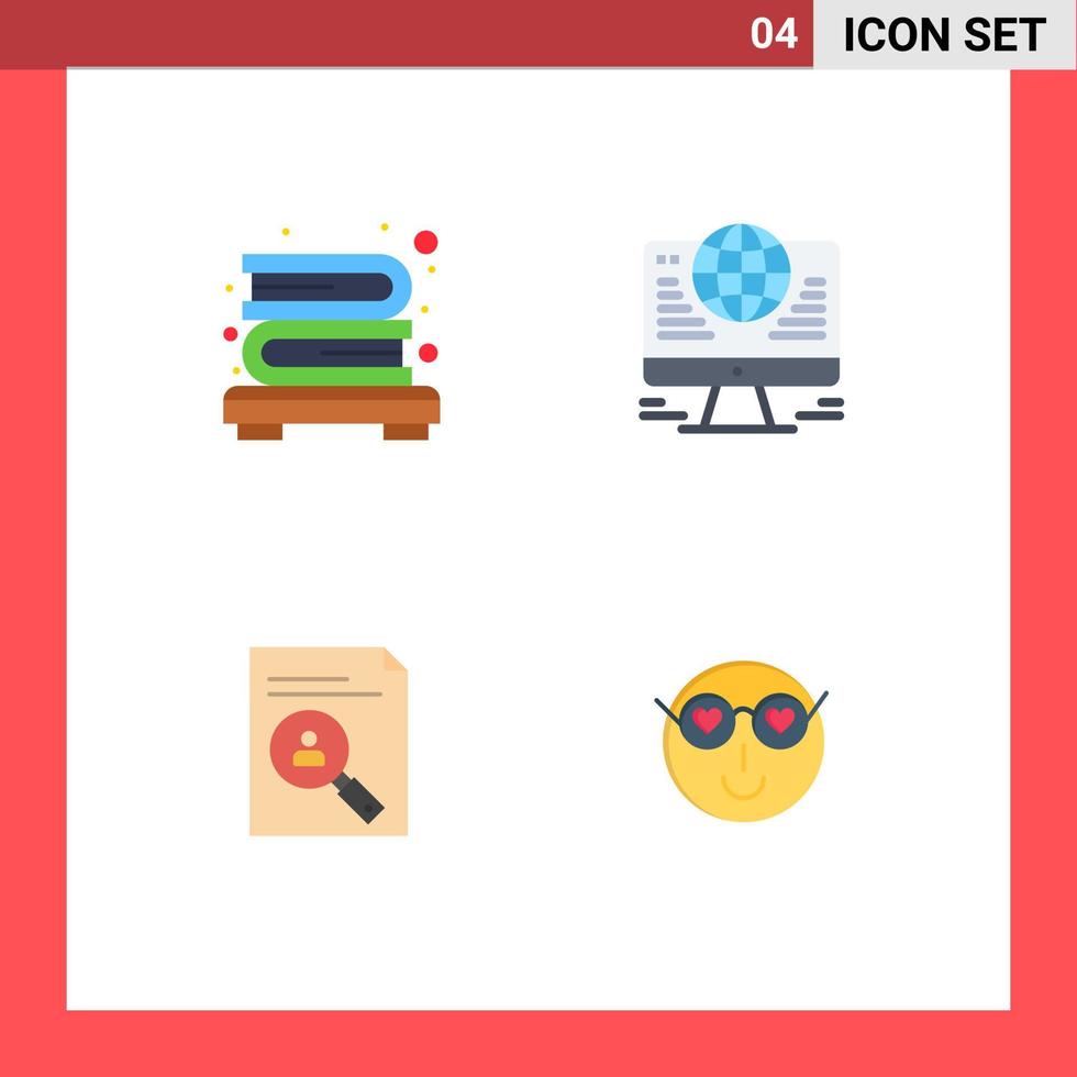 Pictogram Set of 4 Simple Flat Icons of bookcase curriculum computer network resume Editable Vector Design Elements