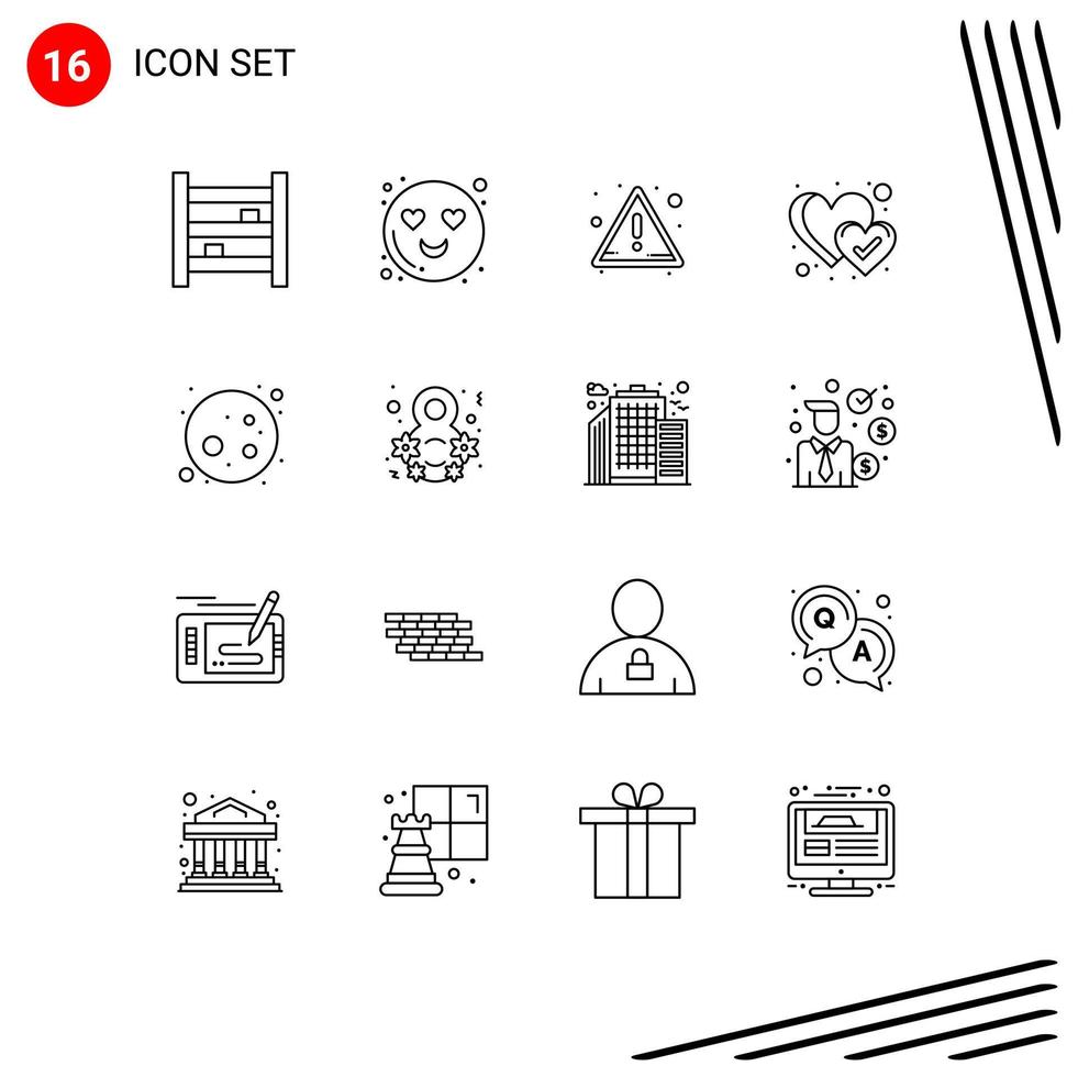 Pack of 16 Modern Outlines Signs and Symbols for Web Print Media such as day moon alert full moon heart Editable Vector Design Elements