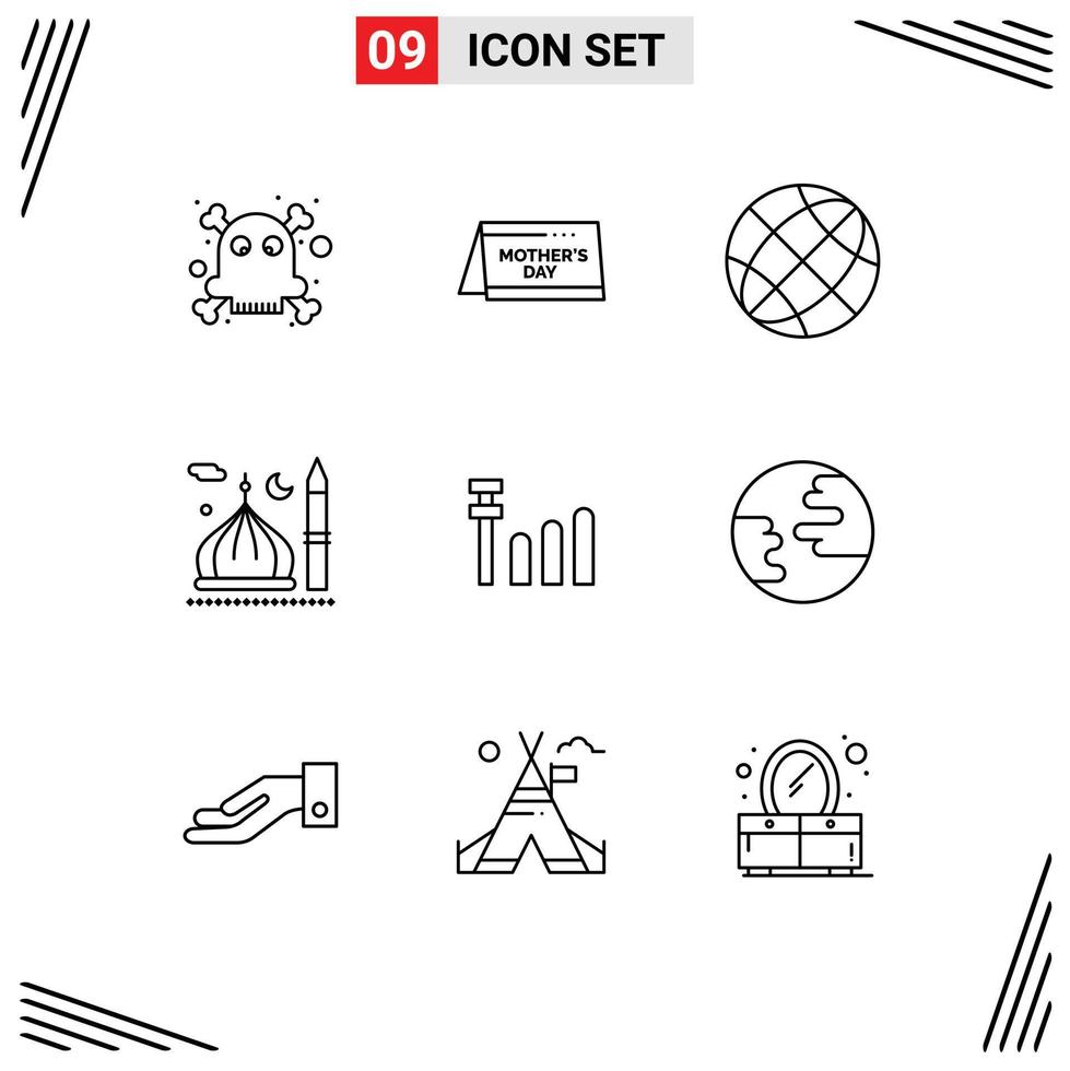Set of 9 Commercial Outlines pack for connection muslim contact cresent mosque Editable Vector Design Elements