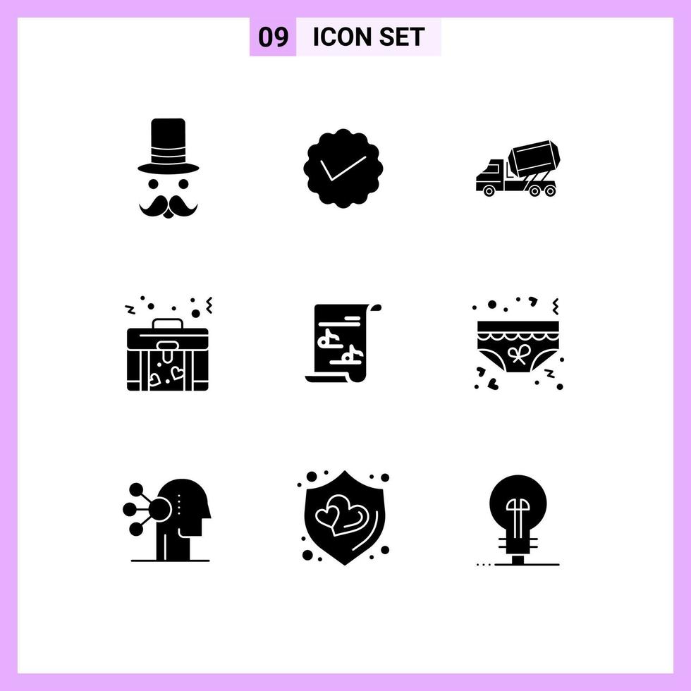 Group of 9 Solid Glyphs Signs and Symbols for love bag social roller construction Editable Vector Design Elements