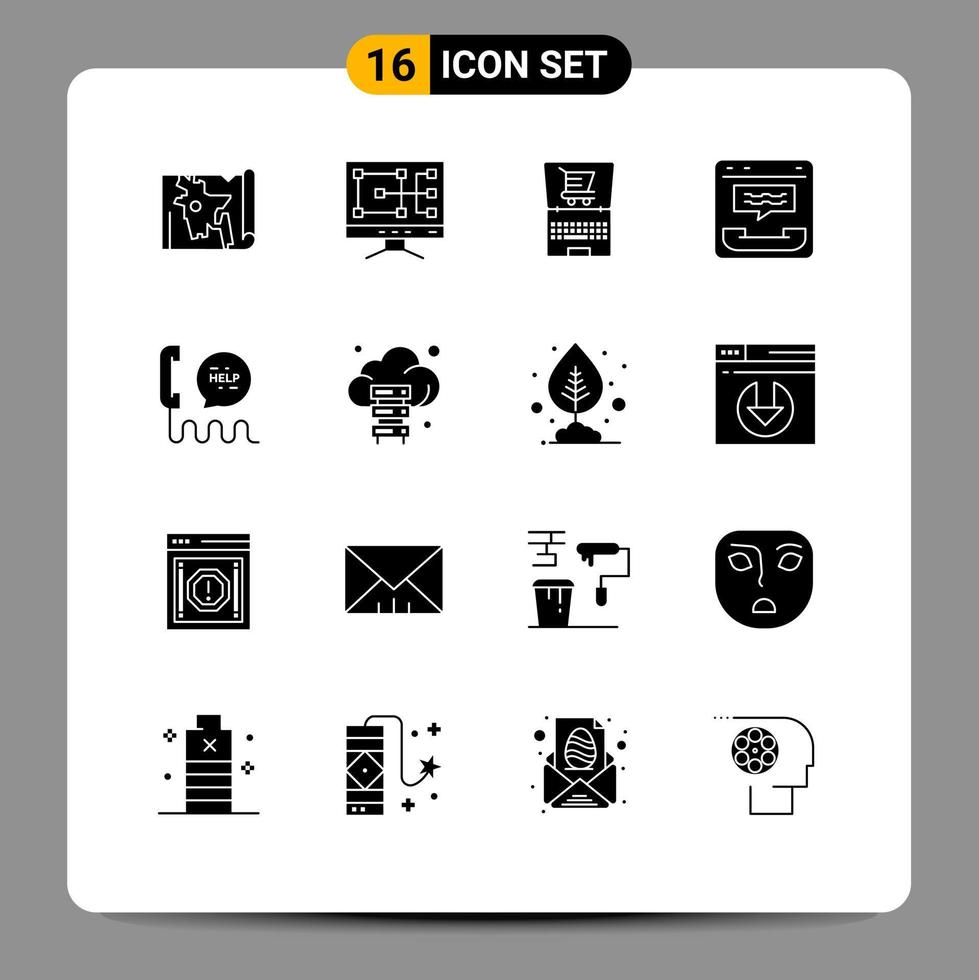 Editable Vector Line Pack of 16 Simple Solid Glyphs of server help laptop contact center Editable Vector Design Elements