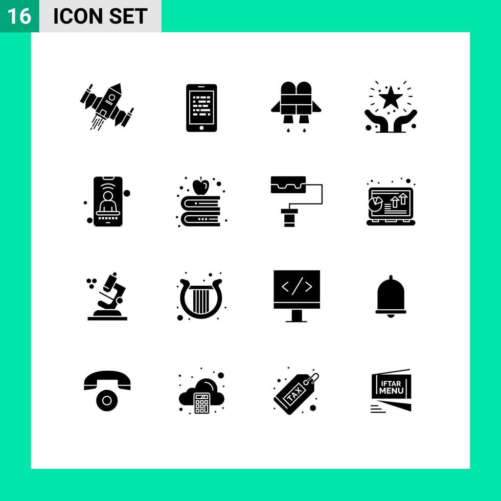 paquete de 16 signos y símbolos de glifos sólidos modernos para medios de impresión web, como manos móviles, que admiten elementos de diseño de vectores editables seguros para el cuidado