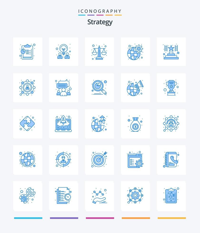 estrategia creativa 25 paquete de iconos azules como premio. trepar. balanza. ajustes. global vector