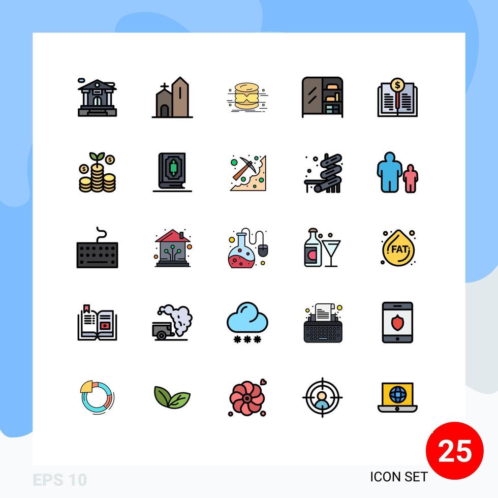 Modern Set of 25 Filled line Flat Colors Pictograph of book value wardrobe database interior monitoring Editable Vector Design Elements