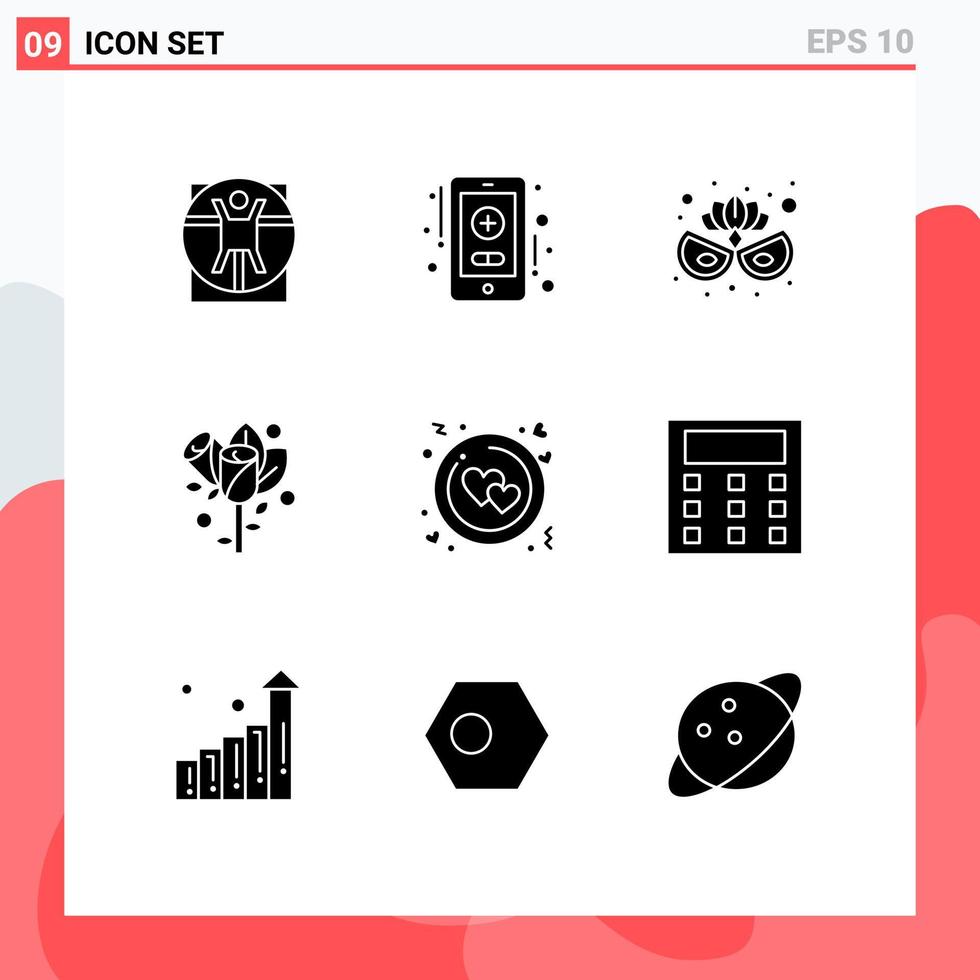 Modern Set of 9 Solid Glyphs and symbols such as valentine love costume circle heart Editable Vector Design Elements