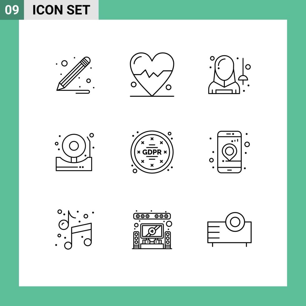 Mobile Interface Outline Set of 9 Pictograms of data privacy man gdpr bell Editable Vector Design Elements