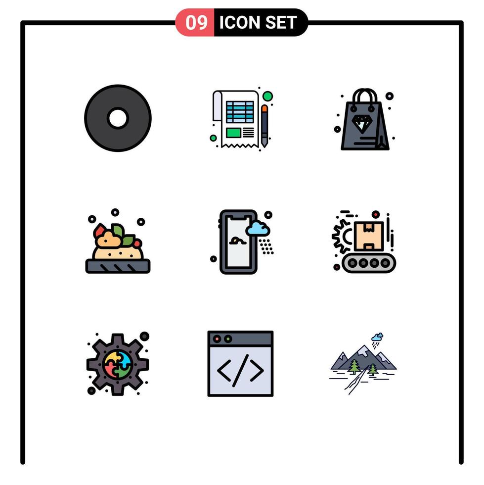 9 User Interface Filledline Flat Color Pack of modern Signs and Symbols of factory weather bag rainy drink Editable Vector Design Elements