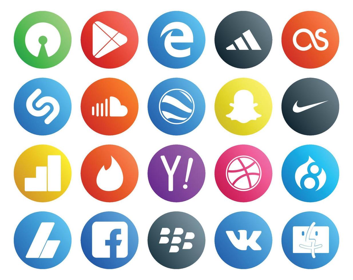 Paquete de 20 íconos de redes sociales que incluye dribbble yahoo sound tinder nike vector