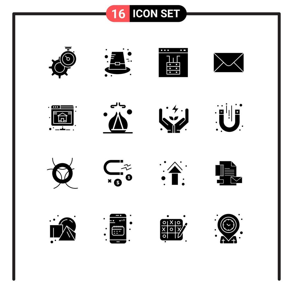 Mobile Interface Solid Glyph Set of 16 Pictograms of database message thanksgiving mail page Editable Vector Design Elements