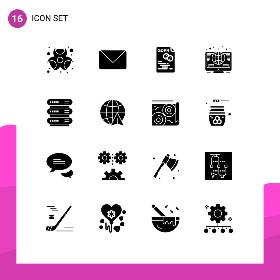 16 Universal Solid Glyphs Set for Web and Mobile Applications computing investment data global secure Editable Vector Design Elements
