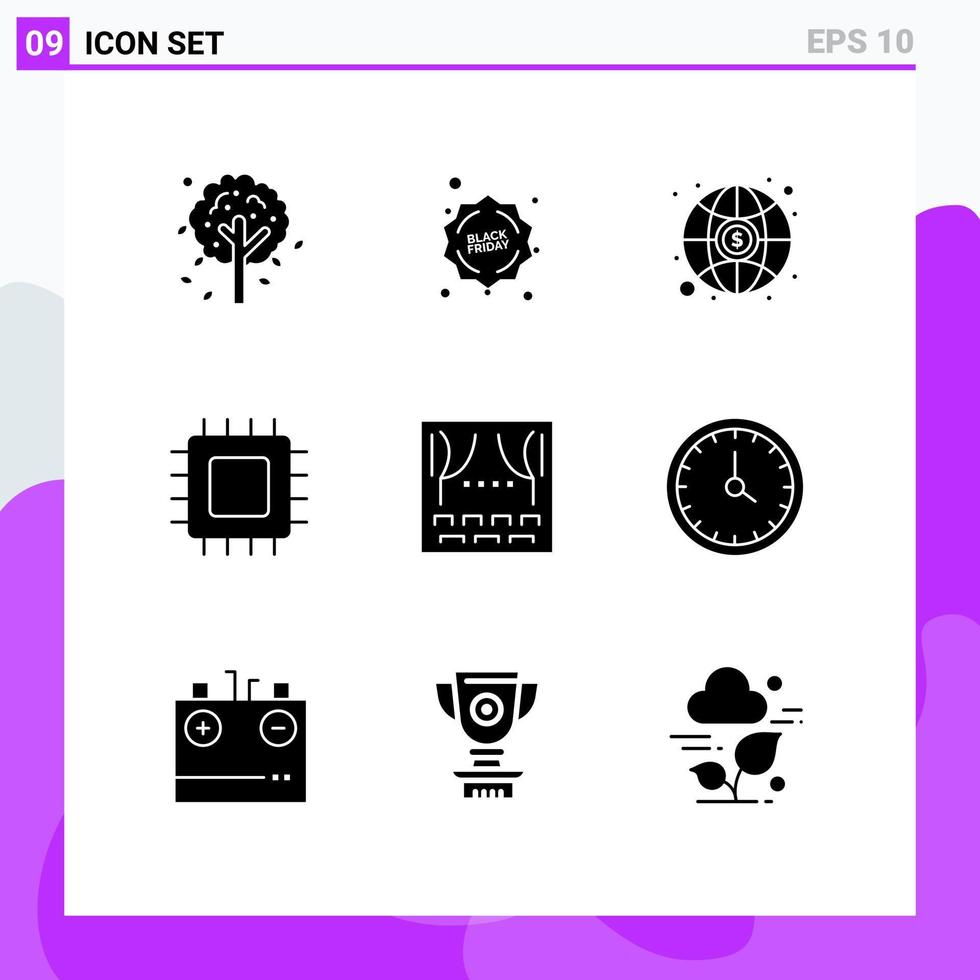 Group of 9 Modern Solid Glyphs Set for theater event money celebration gadget Editable Vector Design Elements