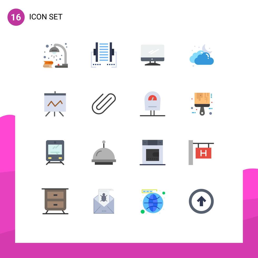 Pack of 16 Modern Flat Colors Signs and Symbols for Web Print Media such as moon cloud digital pc device Editable Pack of Creative Vector Design Elements