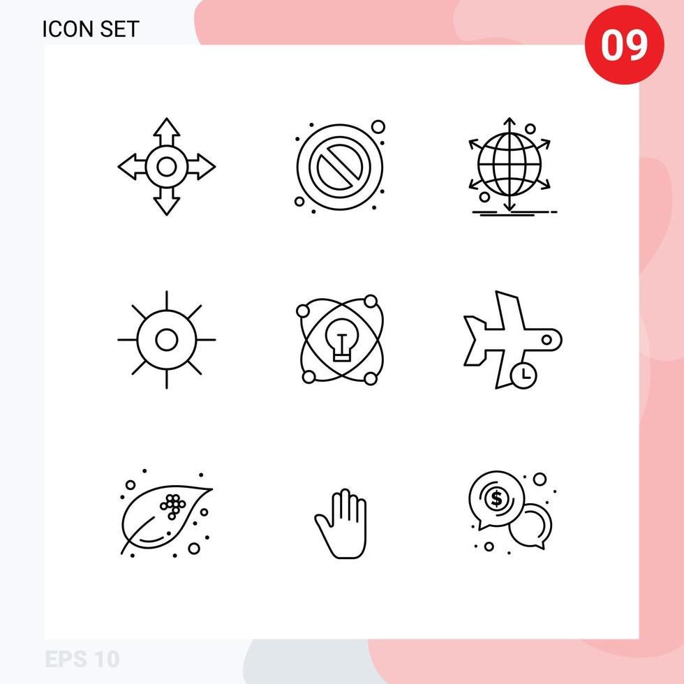 Pictogram Set of 9 Simple Outlines of delay light web bulb sun Editable Vector Design Elements