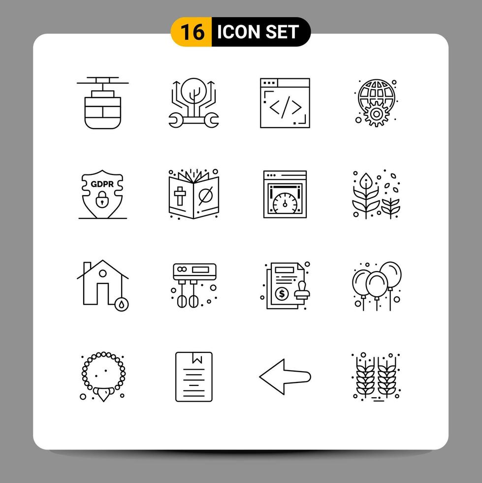 Pack of 16 creative Outlines of data worldwide hacking internet gear Editable Vector Design Elements