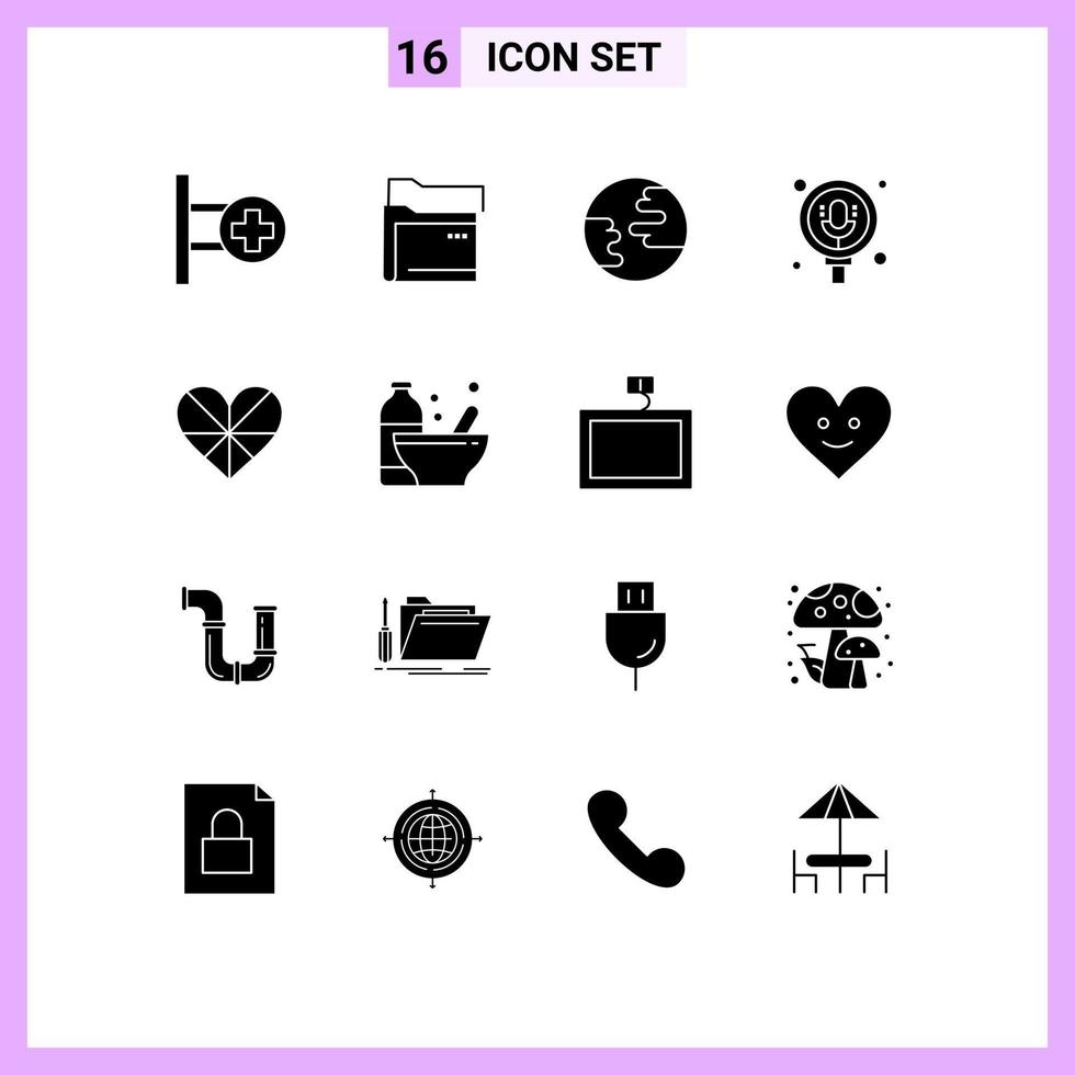 16 Solid Glyph concept for Websites Mobile and Apps like heart earth pack microphone Editable Vector Design Elements