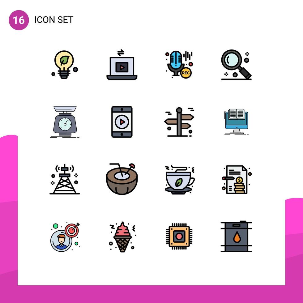 Group of 16 Modern Flat Color Filled Lines Set for implementation search mic magnifying interface Editable Creative Vector Design Elements