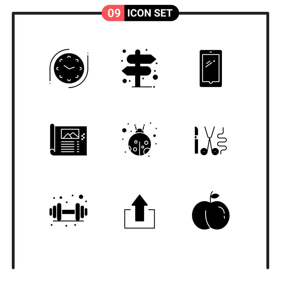 Mobile Interface Solid Glyph Set of 9 Pictograms of insect sketch smart phone plan design Editable Vector Design Elements