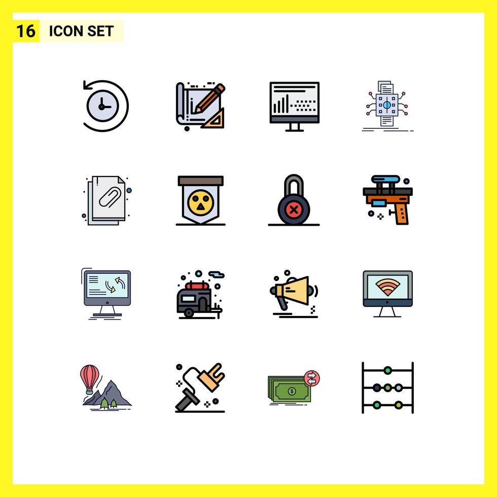 paquete de interfaz de usuario de 16 líneas básicas rellenas de color plano de análisis de datos de diseño de procesamiento de documentos adjuntos elementos de diseño de vectores creativos editables