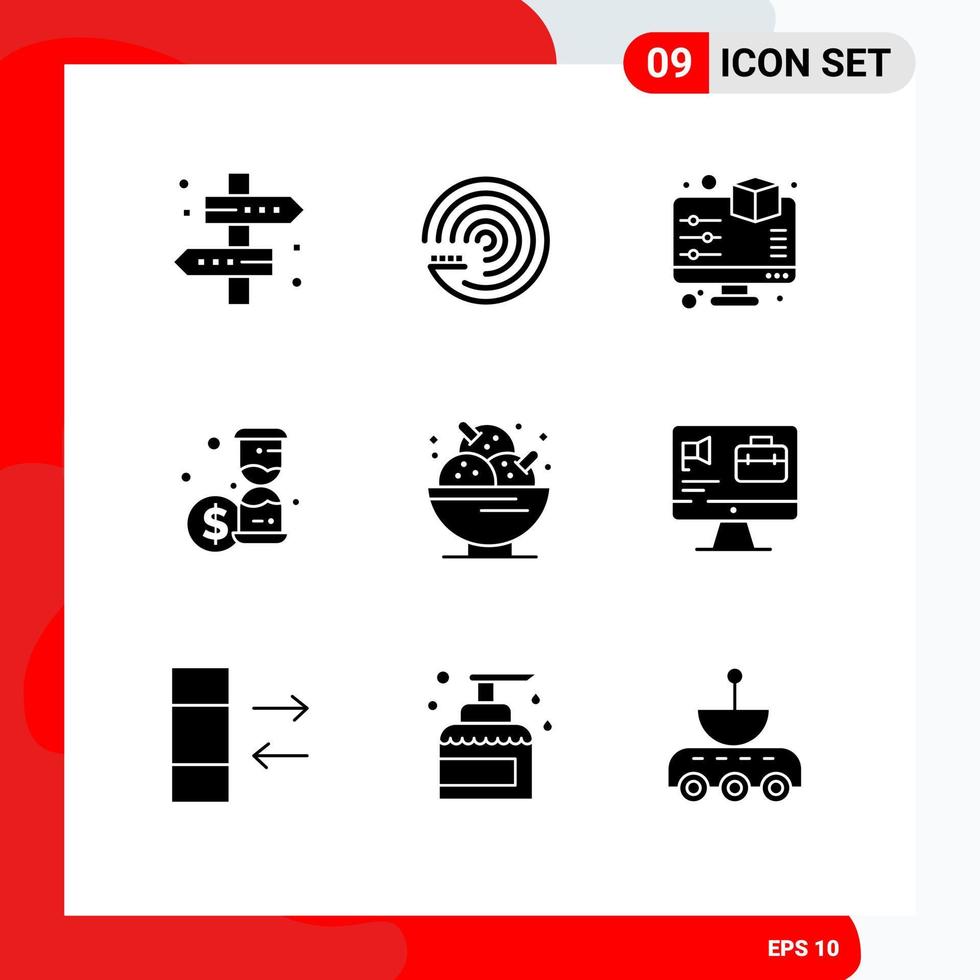 Editable Vector Line Pack of 9 Simple Solid Glyphs of dessert time scince money printing Editable Vector Design Elements