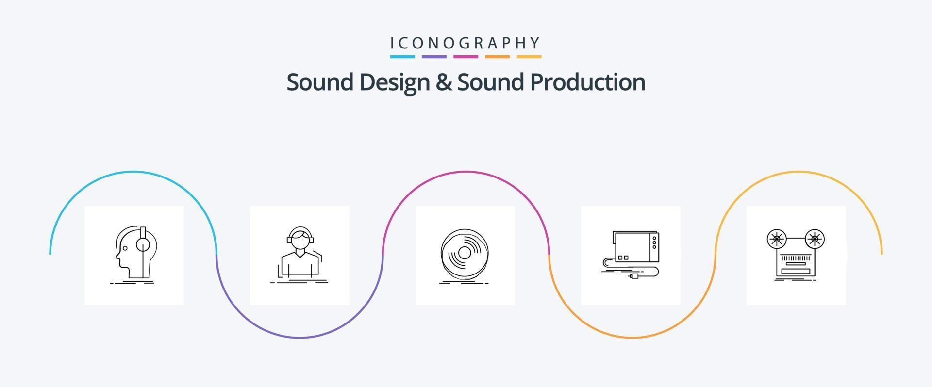 Sound Design And Sound Production Line 5 Icon Pack Including external. audio. meloman. vinyl. phonograph vector