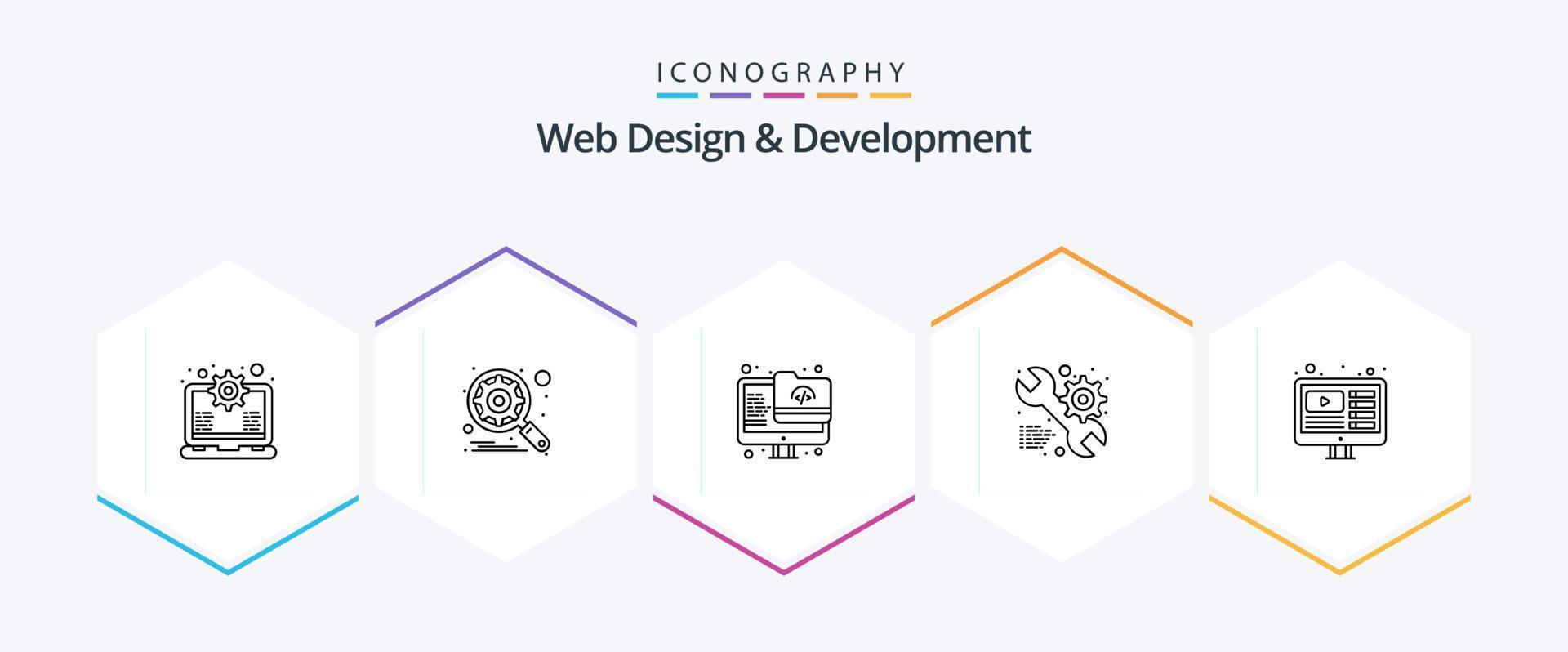paquete de iconos de 25 líneas de diseño y desarrollo web que incluye web. engranaje. archivo. web. servicio vector