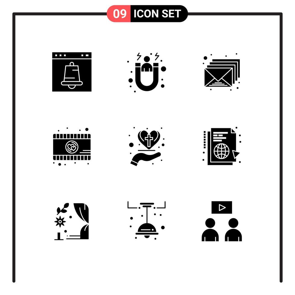 Set of 9 Commercial Solid Glyphs pack for care heart video player customer retention video envelop Editable Vector Design Elements