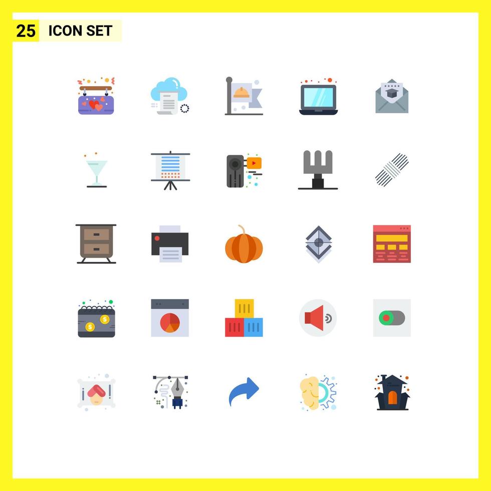 25 User Interface Flat Color Pack of modern Signs and Symbols of education technology computing laptop labour Editable Vector Design Elements