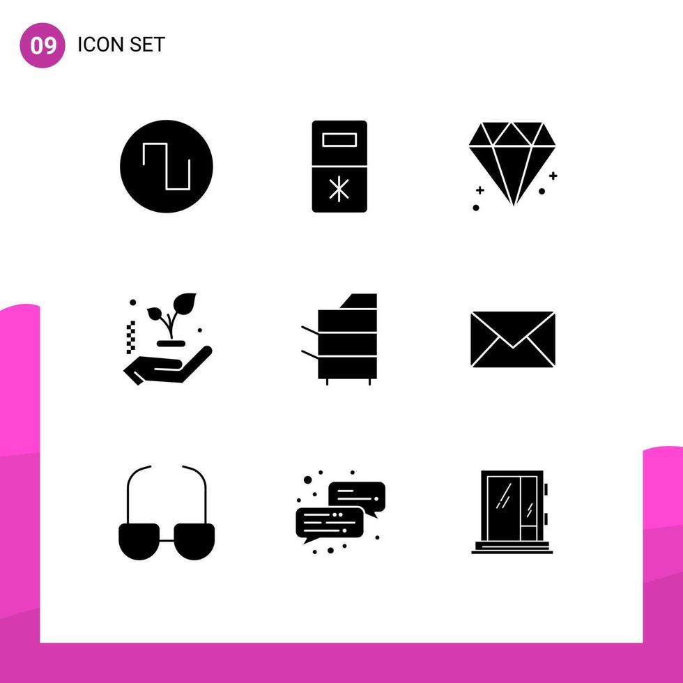 Set of 9 Vector Solid Glyphs on Grid for email products jewel electronics copier Editable Vector Design Elements