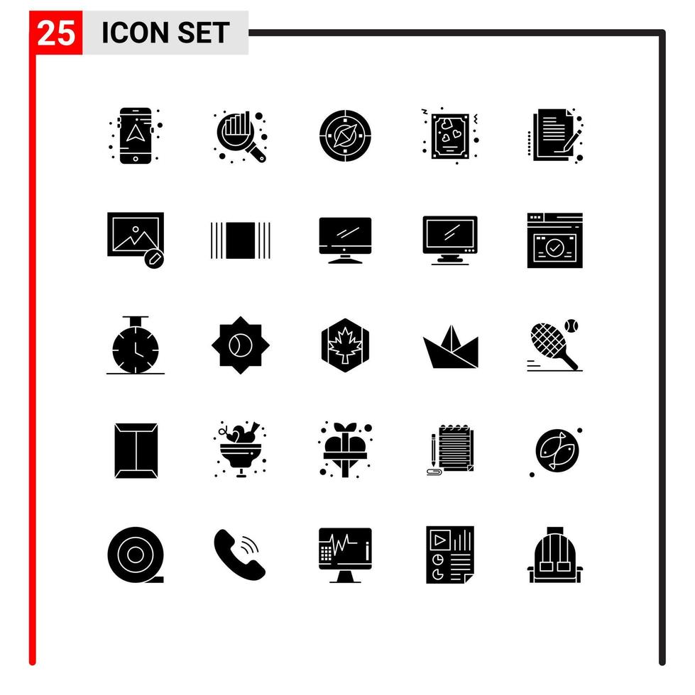 Mobile Interface Solid Glyph Set of 25 Pictograms of sign contract navigator valentines heart Editable Vector Design Elements