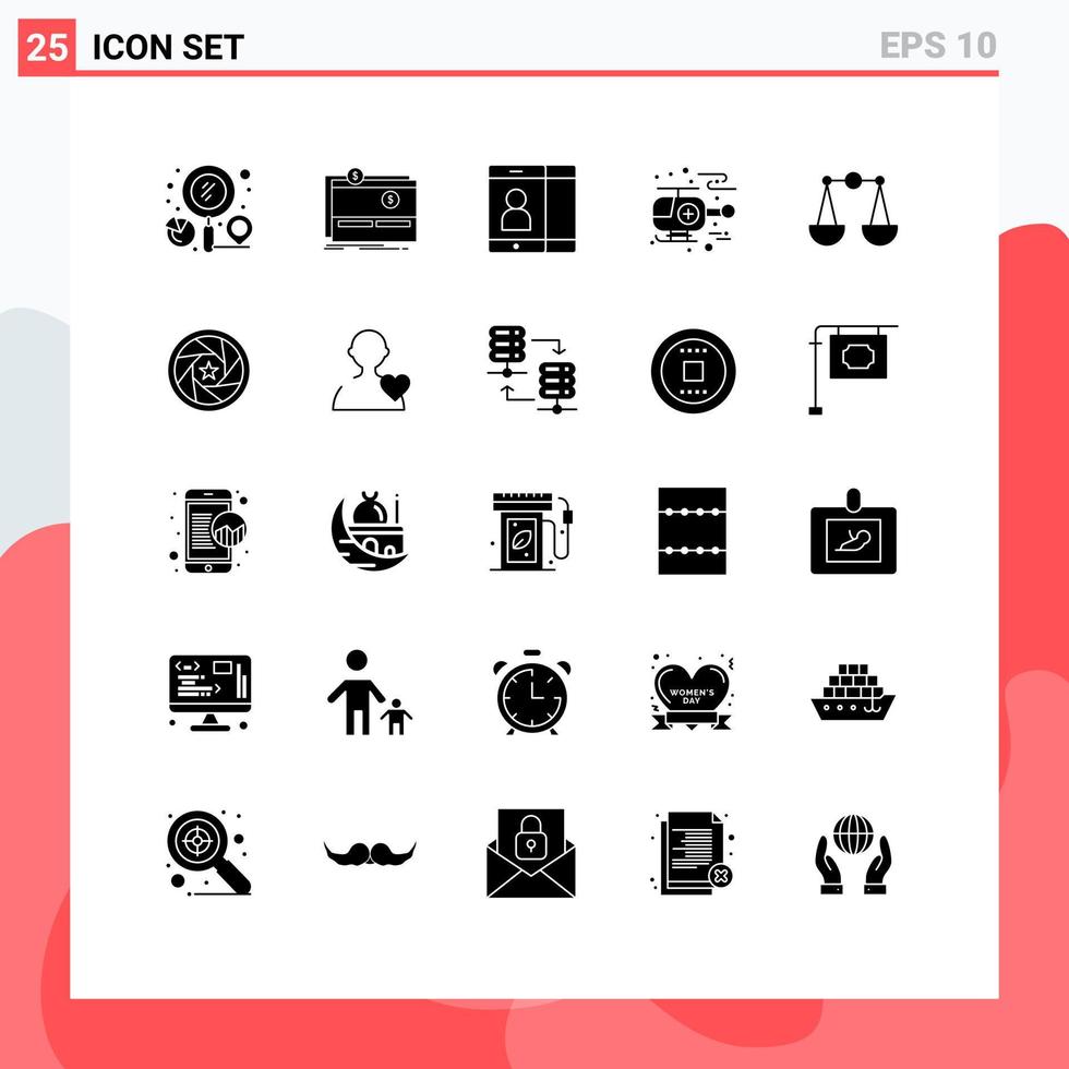 Group of 25 Solid Glyphs Signs and Symbols for justice hospital platform helicopter user Editable Vector Design Elements