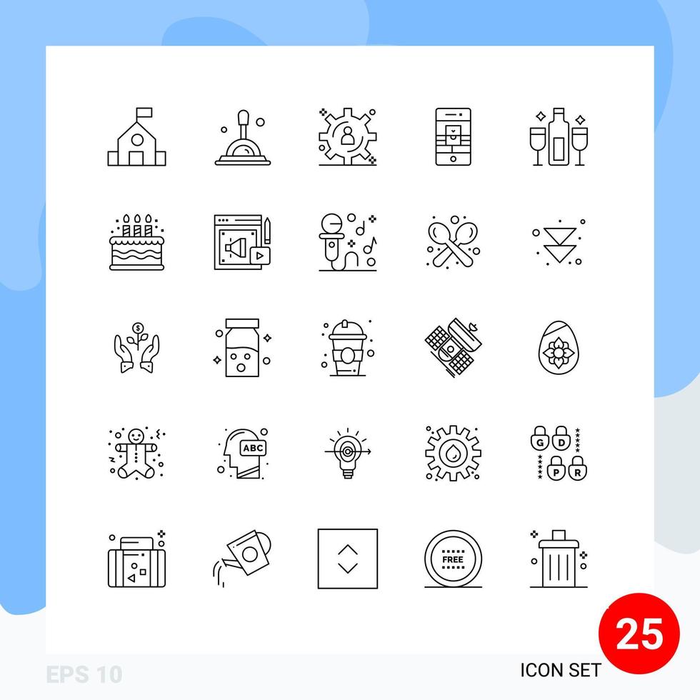 25 User Interface Line Pack of modern Signs and Symbols of celebration alcohol content storage webcam smartphone Editable Vector Design Elements