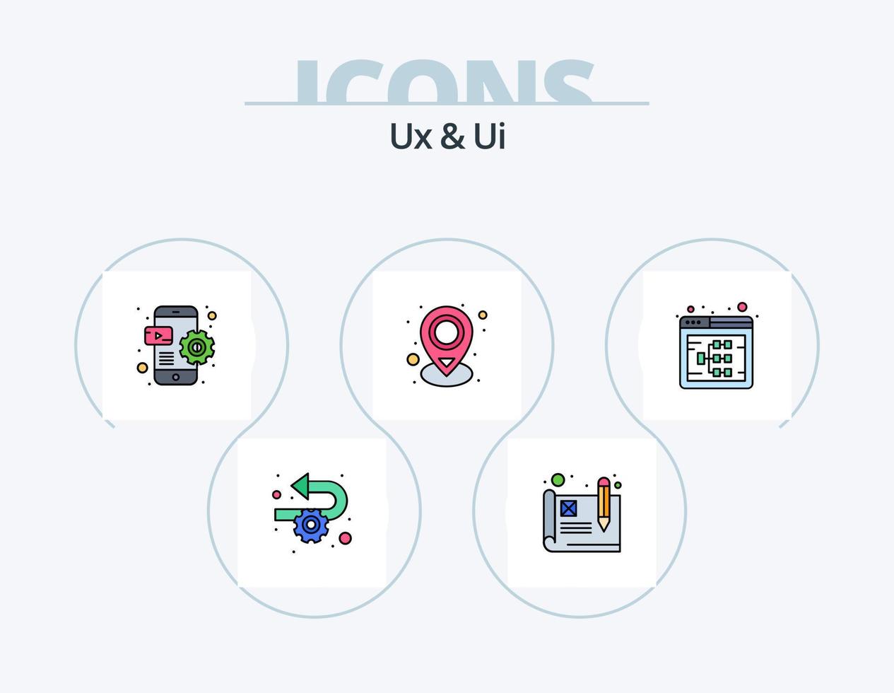 ux y ui línea llena de icono paquete 5 diseño de icono. portafolio. ajustes. creativo. buscar. motor vector