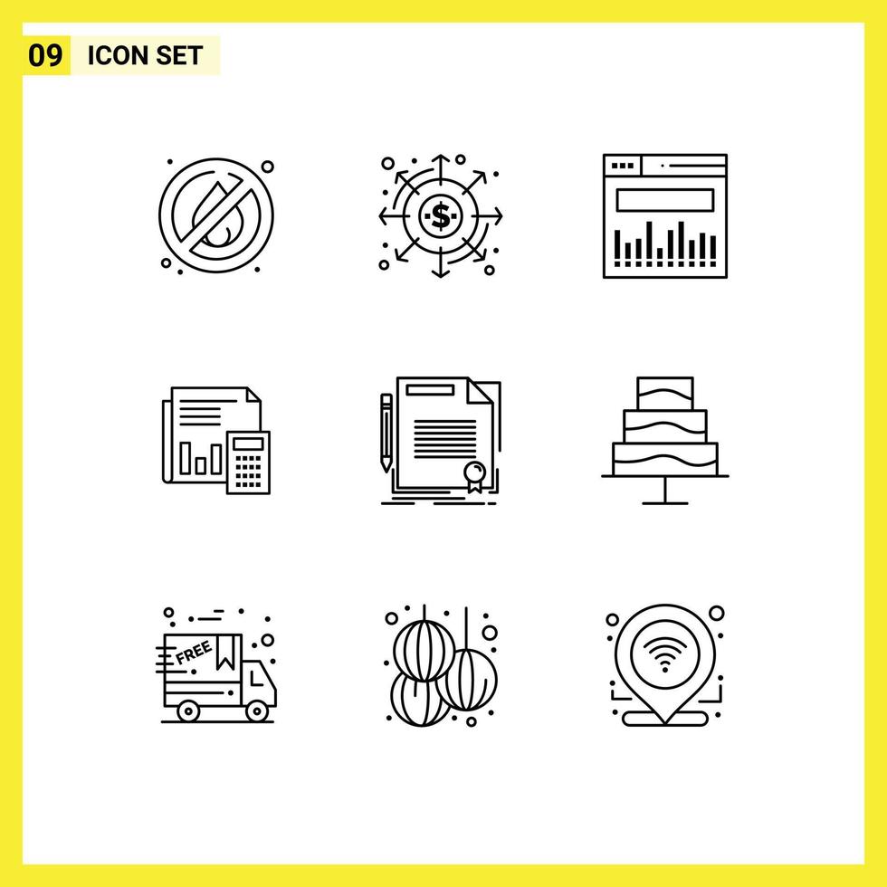 Mobile Interface Outline Set of 9 Pictograms of financial business analytics budget accounting Editable Vector Design Elements