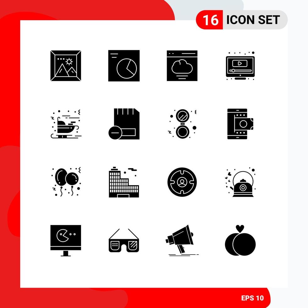 Group of 16 Solid Glyphs Signs and Symbols for claus carriage communication youtube play Editable Vector Design Elements